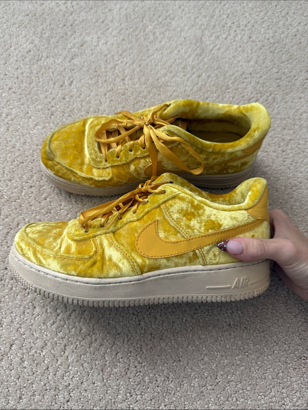 Nike Air Force one yellow crushed velvet sneakers